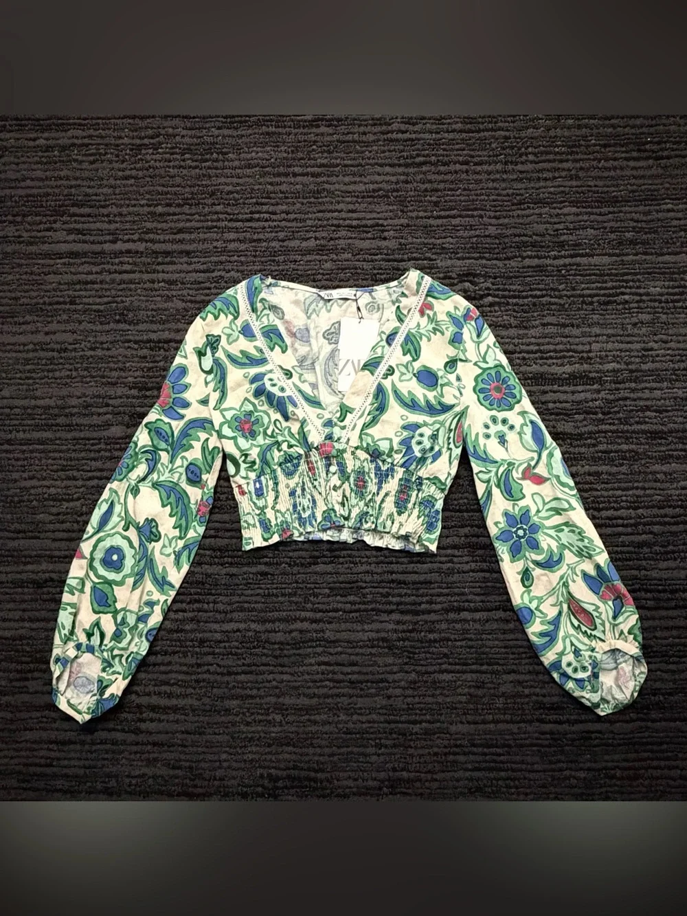 NWT Zara Linen Blend Floral Smocked Crop Blouse